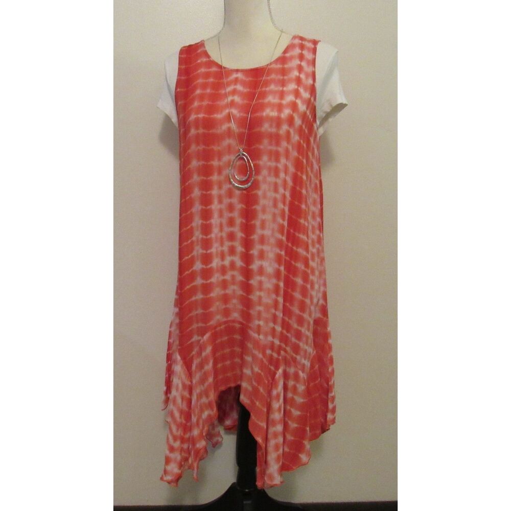 Umgee Coral Tie-Dye Handkerchief Hem Summer Dress
